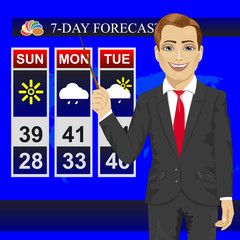 TV weather news reporter meteorologist anchorman reporting with pointer on monitor screen