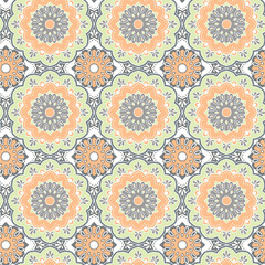 Seamless hand drawn mandala pattern. Vintage decorative elements.Orange, green, grey color tone background.Islam, Arabic, Indian, turkish,ottoman motifs.Perfect for printing on fabric or paper. Vector
