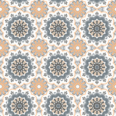 Seamless hand drawn mandala pattern. Vintage decorative elements.Grey, orange, white color tone background.Islam, Arabic, Indian, turkish,ottoman motifs.Perfect for printing on fabric or paper. Vector