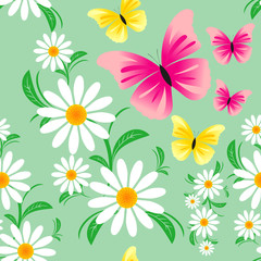 Seamless green pattern with Chamomiles and Butterflies.
