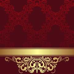 Red ornamental Background with golden Border and Ribbon.