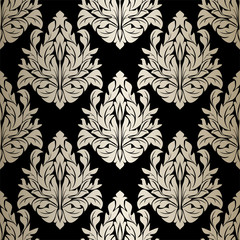 Seamless damask Wallpaper - silver Ornament on black.
