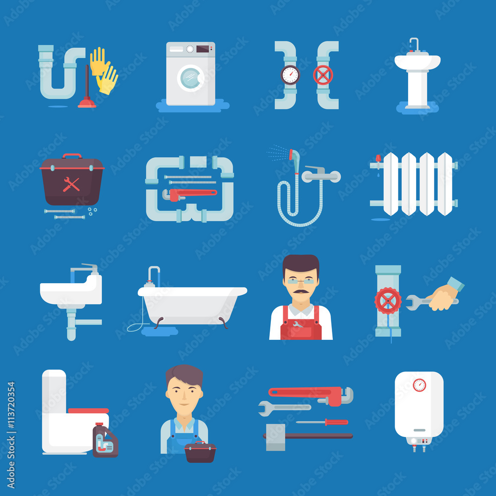 Poster Plumbing Flat Icons Collection Blue Background 