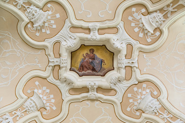 Madonna and Jesus child painted on the ceiling of a church.