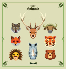 Set of animal heads. Vector illustration.