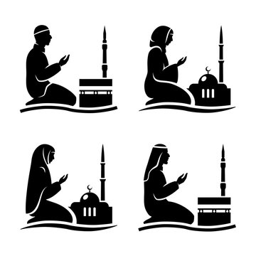 Traditionally clothed muslim man and woman making a supplication (salah) while sitting on a praying rug against the backdrop of the mosque. Vector 
illustration.
