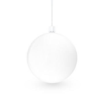 Blank white christmas ball toy isolated. Empty xmas sphere mock up design presentation. New year decoration mockup from fir-tree ready for your logo, art, texture or ornament concept. Clear fir globe.