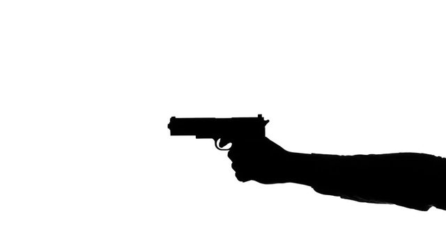 Hands loading a gun and shooting. Silhouette. White