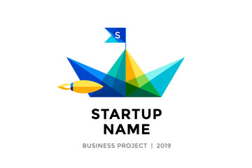 Logo for startup project with inscription Startup Name - Business project. Logo template of colorful paper boat. Business concept and identity symbol. Startup graphic design concept. Vector