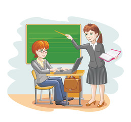 Vector cartoon illustration of a teacher and schoolboy about the chalkboard.