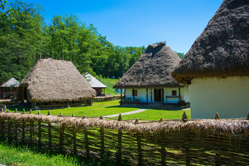 Fototapeta na wymiar Old traditional wooden house with dry straw roof in Astra village, Sibiu