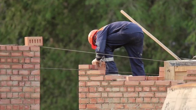 The bricklayer building a brick wall, the mason wears helmet and overalls
