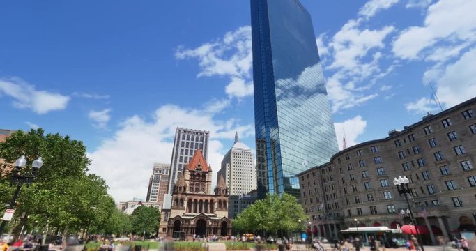 A summer time lapse view of the busy Copley Square in downtown Boston.	 	