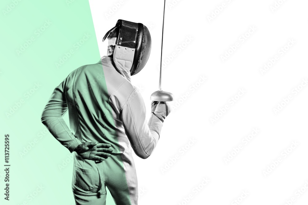 Poster Man wearing fencing suit practicing with sword