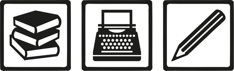 Writer author tools - book, typewriter, pen
