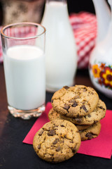 Chocolate chips cookies and mug of milk