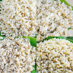 Red ant egg on banana leaf.