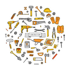 Hand drawn doodle Construction tools set Vector illustration building icons House repair icons concept collection Modern sketch style labels of house remodel gear elements and symbols Home repair tool