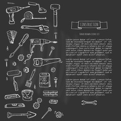 Hand drawn doodle Construction tools set Vector illustration building icons House repair icons concept collection Modern sketch style labels of house remodel gear elements and symbols Home repair tool