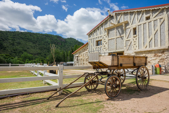 Carriages or wagons on the ranch.