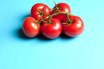 Five fresh tomatoes on a blue background