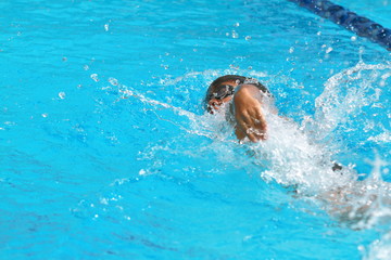 Asian young male swimmer practice forward crawl in a swimming pool for race, rear side view