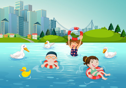 Children swimming in the lake