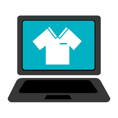 black laptop with blue screen and white shirt over isolated background,vector illustration 
