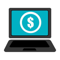 Obraz premium black laptop with blue screen and white money icon and circle over isolated background,vector illustration 