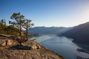 View from the top of Chief Mountain. Taken in Squamish, BC, Canada, on a sunny evening.