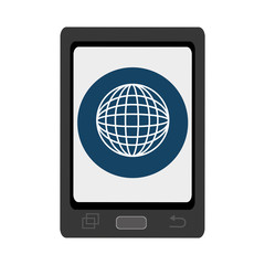 black smartphone with blue circle and white world map icon over isolated background,vector illustration