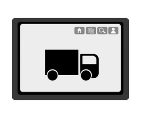 black electronic device with black truck and media  icon on the screen over isolated background,vector illustration 