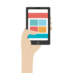 humand hand holding black smartphone with colorful squares and stripes on the screen over isolated background, vector illustration