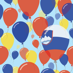 Slovenia National Day Flat Seamless Pattern. Flying Celebration Balloons in Colors of Slovene Flag. Happy Independence Day Background with Flags and Balloons.