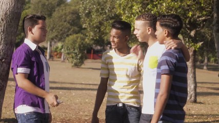 Youth culture, young people, group of male friends, multiethnic teens outdoors, multiracial teenagers together in park. Boys smoking electronic cigarette, e-cig smokers. Health problems, social issues