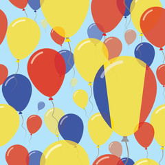 Romania National Day Flat Seamless Pattern. Flying Celebration Balloons in Colors of Romanian Flag. Happy Independence Day Background with Flags and Balloons.
