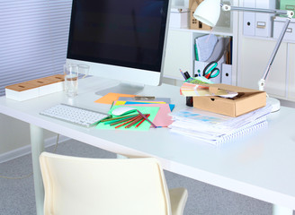Fototapeta na wymiar Office workplace with laptop and smart phone on wood table