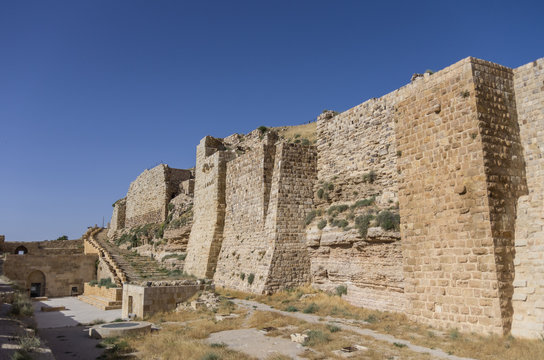 Walls of the Kerak Castle, a large crusader castle in Kerak (Al Karak) in Jordan