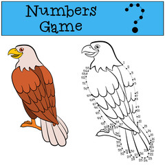Educational games for kids: Numbers game with contour. Cute eagle sits and smiles.