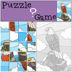 Education games for kids. Puzzle. Cute bald eagle sits on the rock and smiles.