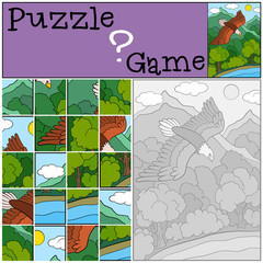 Education games for kids. Puzzle. Cute bald flying eagle smiles.