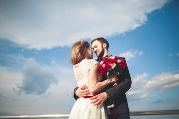 Just married wedding couple walking on the beach at sunset.