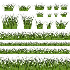Green grass seamless pattern and bushes. Nature background. Horizontal silhouette, isolated on white. Symbol of field, lawn and meadow, fresh, summer. Design element environment. Vector illustration