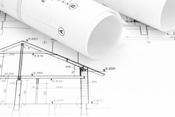 architectural blueprint rolls and home plan drawing