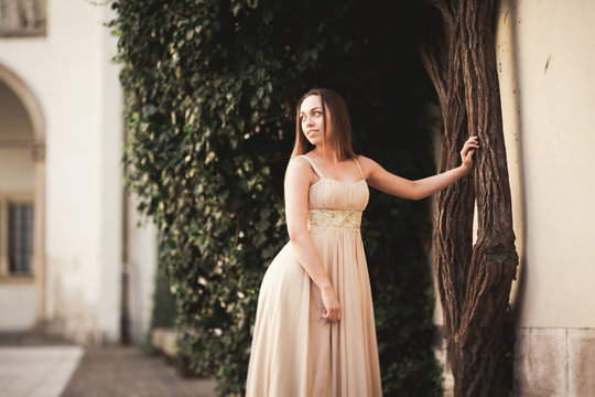 Beautiful girl with long hair posing near tree in vavel Krakow