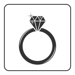 Diamond engagement ring icon. Shiny sparkle crystal sign. Black circle silhouette isolated on white background Flat fashion design element. Symbol engagement, gift, jewel expensive Vector Illustration