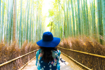 Lady is on bicycle at Arashiyama bamboo forest in Kyoto, Japan.