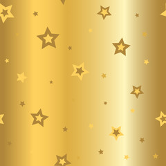 Stars seamless pattern gold retro background. Glitter chaotic elements. Abstract decoration golden foil texture. 3d effect sky. Design template wallpaper, wrapping, fabric, textile Vector Illustration