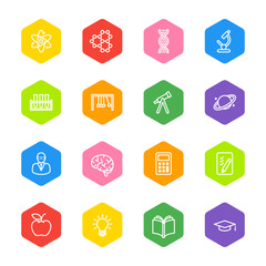 white line education and science icon set on colorful hexagon for web design, user interface (UI), infographic and mobile application (apps)