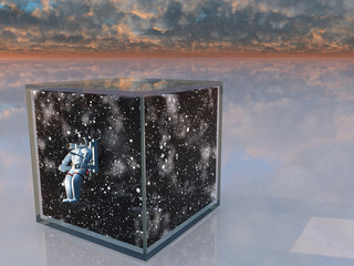 Astronaut and space captured in clear box in surreal scene